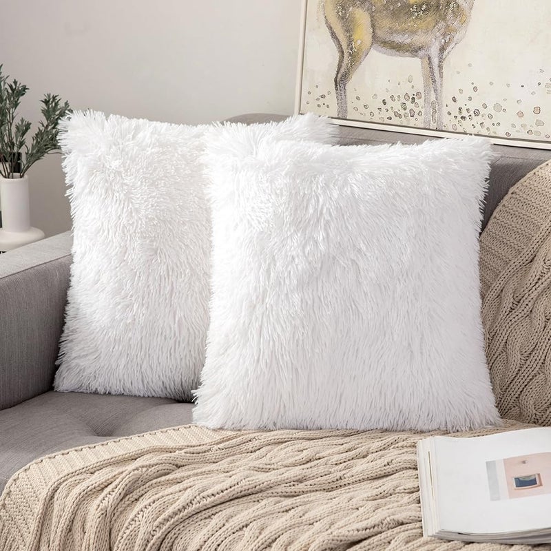ANRODUO Pack of 2 White Throw Pillow Covers Luxury Fluffy Pillows Faux Fur Decorative Pillows Plush Cushion Case Fuzzy Mongolian Merin Style for Bed Couch Sofa Living Room Spring Decor 18x18 Inch - Image 1